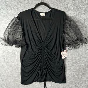 Free Kisses Top Womens 2X-3X Black Ruched V Neck Mesh Puff Sleeve‎ Top
